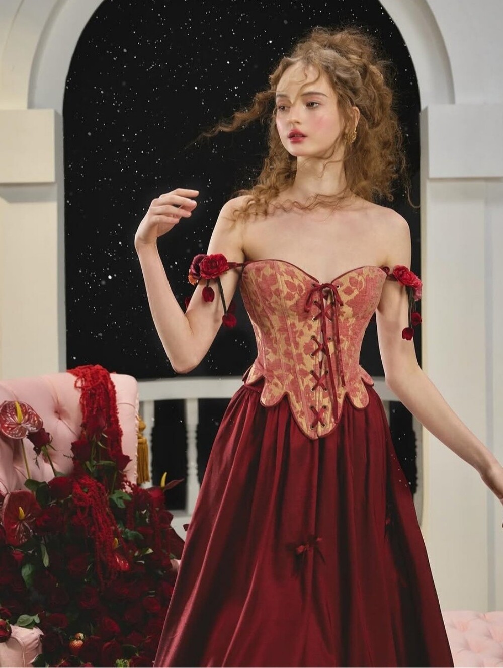 Drippy Romantic Pink & Gold Corset Floral Small Renaissance Costume Halloween - Picture 2 of 10